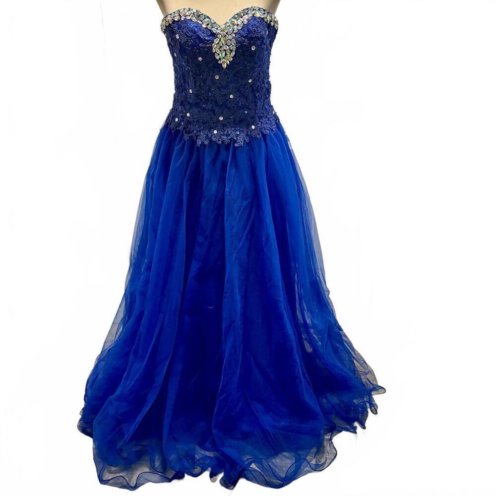 Cobalt Blue Rhinestone Jeweled Lace Lattice-Back Gown Princess Glam Formal Prom